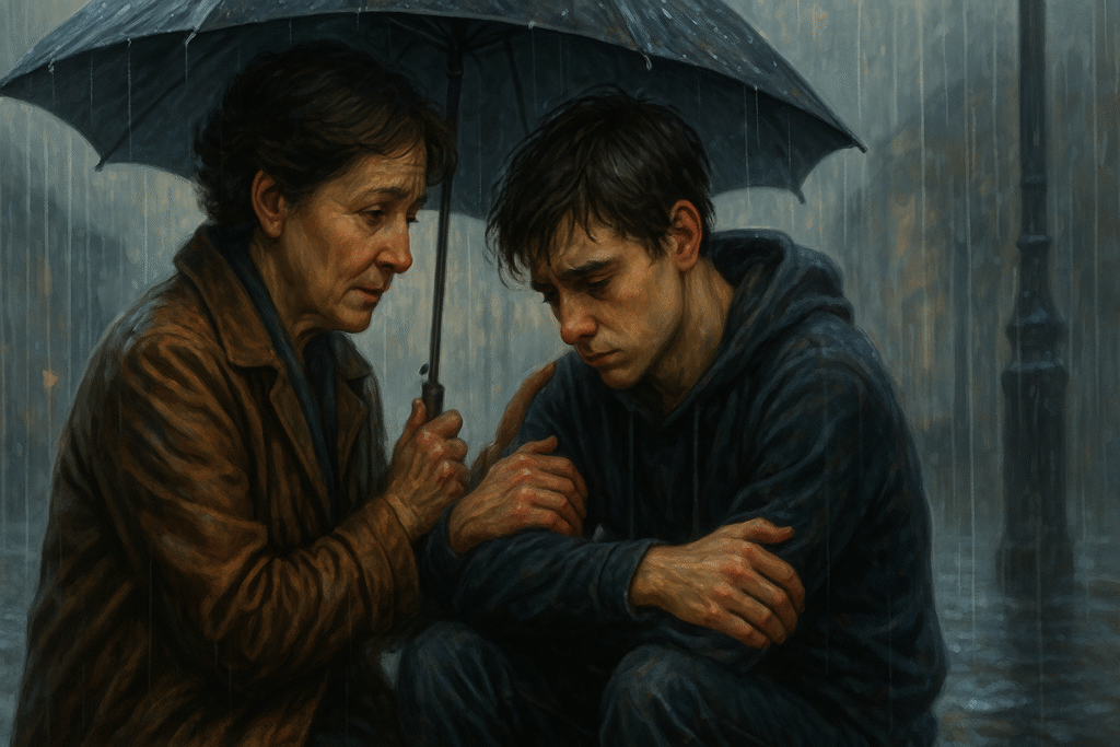 A true life moment where an older woman comforts a young man in the rain — showing how kindness can change a life forever