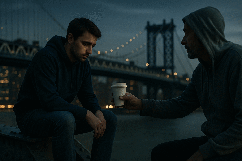 A kind stranger saved my life true story — a young man sitting on a bridge as a stranger offers him coffee during an emotional life-changing moment.