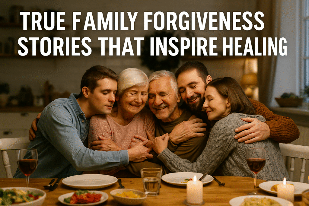 “A family gathered around a dinner table, hugging and smiling — true family forgiveness stories that inspire healing.”